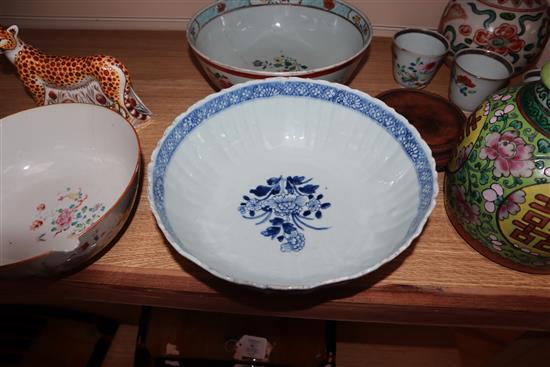 An 18th century Chinese famille rose cup and other Chinese porcelain tallest 40cm sq.